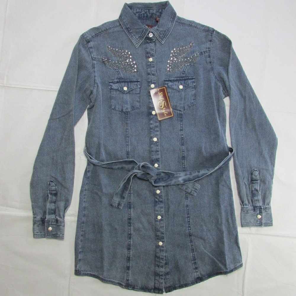 Lifestyle Women's Long Sleeve Tie Waist Snap Denim Western Dress